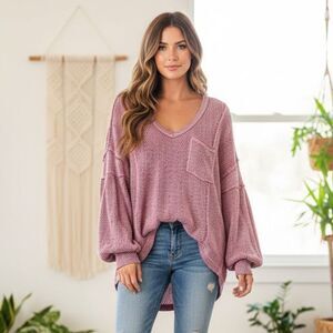 We the Free People Hacci Knit Oversized Sweater Pink XS Balloon Sleeve V-Neck